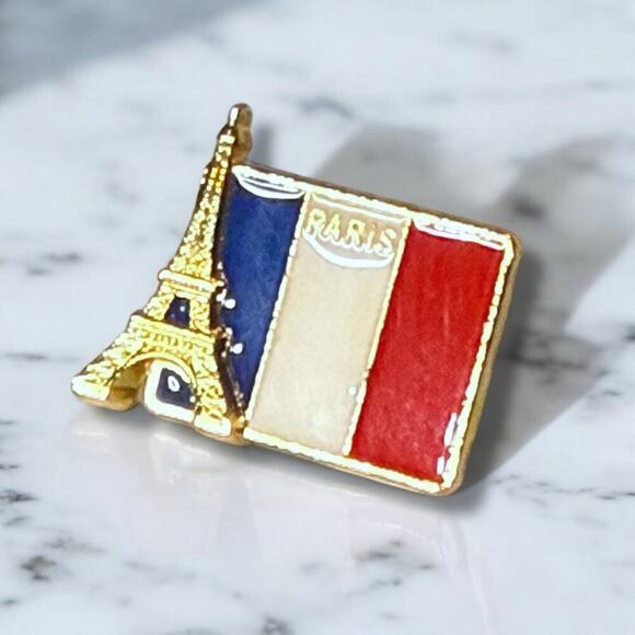 Paris Lapel Pin Gold Tone Red White Blue Enamel Eiffel Tower Flag Hat Pin - Picture 1 of 4